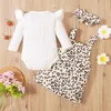 Kläder sätter 3 datorer Baby Girls Casual Outfits Ribbed Fly Sleeve Round Neck Bodysuit Leopard Print Suspender kjol Bow pannband 230311