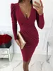 Casual Dresses Women Elegant Skinny Bodycon Ruched Evening Dress Fashion Long Sleeve V Neck High Waist Corset Party