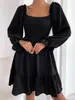 Casual Dresses 2023 Solid Elegant Dress Women Korean Princess High midja Sweet Female Party Long Sleeve Midi Fairy