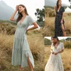 Casual Kleider 2021 Sommer Strand Urlaub Kleid Frauen Casual Blumen Druck Elegante Boho Lange Kleid Rüschen Kurzhülse V-ausschnitt Sexy party Robe G230311