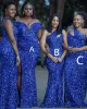 Royal Blue Sequins bruidsmeisje jurken zeemeermin vloerlengte pailletten een schouder op maat gemaakte plus size meid of honor jurk land