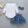 Set di abbigliamento 0-18M Baby Girl Autumn Set 3 pezzi manica lunga in cotone tinta unita pagliaccetto bianco top blu gonna con fiocco in Demin per neonato