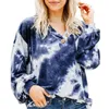 Damen Hoodies Sweatshirts Frauen Hoodise Mode Tie Dye Langarm V-Ausschnitt Knopf Pullover Loose Fit Tops