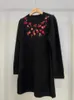 Casual Dresses Women Floral Embroidery Mohair Wool Blend Knit Robe 2023 Spring Ladies Long Sleeve Soft and Fluffy Kne Length Black Dress