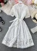 Casual Dresses Women Elegant Hollow Out Lace Dress Office Lady Summer Solid O-neck Button Up Sashes Midi Female Chic Short Sleeve Dresscasua