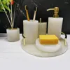 Ensemble d'accessoires de bain accessoires de salle de bain en marbre naturel pierre de jade articles sanitaires 5 pièces distributeur de savon liquide porte-brosse à dents plat