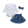 Set di abbigliamento 0-18M Baby Girl Autumn Set 3 pezzi manica lunga in cotone tinta unita pagliaccetto bianco top blu gonna con fiocco in Demin per neonato