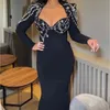 Robe de soirée sexy noire à manches longues, épaule taille diamant, robe longue