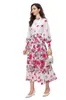 Women's Runway Dresses O Neck Long Sleeves Floral Printed Sash Belt Fashion Designer Vestidos