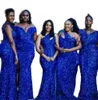 Royal Blue Sequins bruidsmeisje jurken zeemeermin vloerlengte pailletten een schouder op maat gemaakte plus size meid of honor jurk land