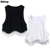 Kvinnors tankar Camis Xikttop Summer Winter Sticking Slim Women's Vest O-Neck smycken Tassel Dekorativ Vest Casual Sexig Tank Crop Tops Kvinnlig tröja 230311