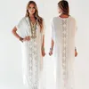 Casual Dresses 2023 Sexy Hollow Out Lace Patchwork V-neck Short Sleeve Loose Summer Dress White Cotton Tunic Women Beach Wear Maxi N1158