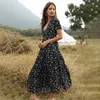 Casual Dresses 2021 Summer Beach Holiday Dress Women Casual Floral Print Elegant Boho Long Dress Ruffle Short-Sleeve V-neck Sexy Party Robe G230311