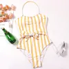 Women's Swimwear Women Sexy Bikini Set Stripe Print Jumpsuit Lace Up High Waist Monokini Ladies Strapless 1-Piece Swimsuit Ropa MujerWomen's