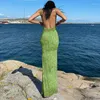 Robes décontractées Été Cottagecore Fleur Imprimer Robe de plage Femmes Sexy Sangle Dos sans bretelles Slim Long Maxi 2023 Jaune Bleu Vert