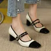 Klänningskor 2023 Spring New High Heels Women Shoes Designer Square Toe Chunky Sandals Sexiga festskor Retro Mary Janes Pumps Zapatillas AA230311