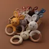 Rattles Mobiles 1pc Wooden Crochet Bunny Rattle Toy BPA Free Wood Ring Baby Teether Rodent Baby Gym Mobile Rattles born Educational Toys 230311