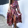 Robes décontractées mode femmes vêtements robe Vintage imprimé à manches longues ceinturé Boho plage Sexy col en V dame fendue fête 2023