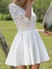 Vestido de noiva sexy 2023 curta-line Halve manga V pescoço de pescoço traseiro de cetim de renda de renda na noiva