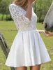 Abito da sposa sexy 2023 Corto A-Line Mezza manica con scollo a V Backless Raso Pizzo Sposa Abiti da festa Robe De Mariage Boho