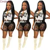 Sexy Sportwear Women Two Piece Lace Perspectief Set Fashion Cardigan Letter Gedrukte T-shirt onregelmatige split-outfits