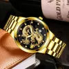 Wristwatches Gold Embossed Dragon Men Watch Alloy Steel Band Calendar Men's Business Quartz Watches