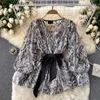 Women's Blouses Spring 2023 Womens Fashion Designer Clothing Shirts Korean Bow Lantern Sleeve Snakeskin Pattern Loose Chic Tops