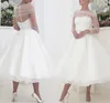 Elegancka sukienka ślubna A 2023 Mała biała herbata długość długiego rękawu Bateau Seckie Tiulle Tiulle Bride Suknie Vestidos de noiva boho