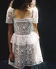 フレンチホワイトスクエアネックドレス半袖レディフローラルレースホローミニドレス女性ドレスM120785