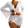 Women's Swimwear High Waist Tassel Bikinis Sexy 4 Piece Bikini Set Mesh Cover Up Swimsuit For Women Long Sleeve Push Beach Wear Skirt