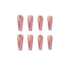 False Nails 24Pcs/Box Pink Long French Coffin Wearable Rhinestone Ballerina Fake Full Cover Nail Tips Press On