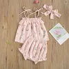 Clothing Sets Infant Baby Girl's Three Piece Set Ruffled Hem Lace Up Shoulder Strap Floral Printed Tops Elastic Waist Shorts Hair Band