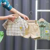 Kledingsets zomer katoenen peuter kinderen groen kaki plaid shirt broek kinderen knappe jongens outfits kind dagelijkse modepak