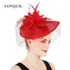 Skąpy brzegi hats baru kedatangan pengantin Pernikahan rambut mempertemukan topi hias kerudung dengan bulu bunga klip wanita pesta mekah ras 230313