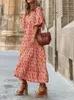 Abiti casual Donna con scollo a V Stampa Boho Dress Casual Summer 3/4 Lantern Sleeve Maxi Long Dress Elegant Lady High Street Abiti da festa larghi 230313