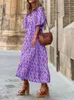 Abiti casual Donna con scollo a V Stampa Boho Dress Casual Summer 3/4 Lantern Sleeve Maxi Long Dress Elegant Lady High Street Abiti da festa larghi 230313