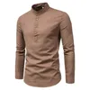 Koszule męskie 2023 Spring Mens Męs Bawełniany Linen Bluzka z długim rękawem stałe kolorowe stojak na kołnierz Koszulę Modną Męską Slim Fit Retro Proste topy