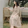 Casual Dresses S-3XL Floral Chiffon Dress Women Sweet Puff Sleeve Empire Vintage Fairy Slim Square Collar Vestido Pink Temperament Elegant Chic 230313