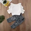 Kläduppsättningar 1-5y barnflickor Höstkläder Set Baby Long Sleeve Pullover Tops Sweaters Knitwear Ripped Denim Pant Jeans Children Outfits 230313