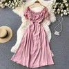 Casual Dresses ZCWXM Summer Women Dress Elegant Mid-calf Short Puff Sleeve Robe Pull Party Night Slim Sexy Square Collar Red/Pink Evening