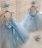 Abiti da ragazza Baby Blue Girls per la festa di compleanno 2023 Paillettes argento Top Tutu Gonna 3D floreale Abiti da ballo per bambini