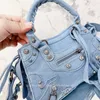 Brand Casual Denim Diamond Studded Biker Bag Handbag Crossbody Bag Fashion Female Bag