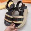 Sandalen met hoge hakken Touw Gevlochten Zomer Strand Mode Toevallige Sandalen Leer Wiggen Riem Gesp Vrouwen Schoenen Dame Metalen Koeienhuid Brief visser Schoenen NO378