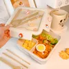Set di stoviglie Scatola da pranzo in paglia di grano carino stile giapponese per bambini Scuola Adulti Lavoratore Bento portatile con bacchette cucchiaio Forno a microonde