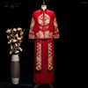 Etnische kleding Chinees traditionele trouwjurk bruid borduurwerk cheongsam phoenix qipao voor vrouwen en mannen gouden jurk