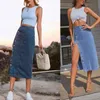 Skirts Women Front Longline Denim Skirt Button Retro Long Girls High Waist Split Jeans Shorts Straight Maxi Dresses 230313