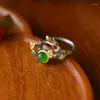 Cluster-Ringe, Designer-Original-Kunst, Blumenzweig, Silber eingelegte Hetian-Jade, weibliches Modell, Öffnung, verstellbarer Ring, chinesischer Stil, klassisch