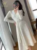 Casual Dresses H Han Queen Autumn Single-Breasted Casual Pullover Sweater Vestidos Elegant Simple Office Dress Women's V-ring A-Line Dresses 230313