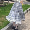 Jupes Style Lolita Japonais Femmes Jupe Taille Haute Vintage Plaid Boutons Jupe Élégante Volants Mignon Kawaii Midi Auto-Made Coton Jupe 230313