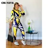 Calças de duas peças femininas cm.yaya streetwear folha feminina feminina calça de legging terno e camisa comprida moda moda casual duas peças de 2 peças ajustadas tracksuit 230311